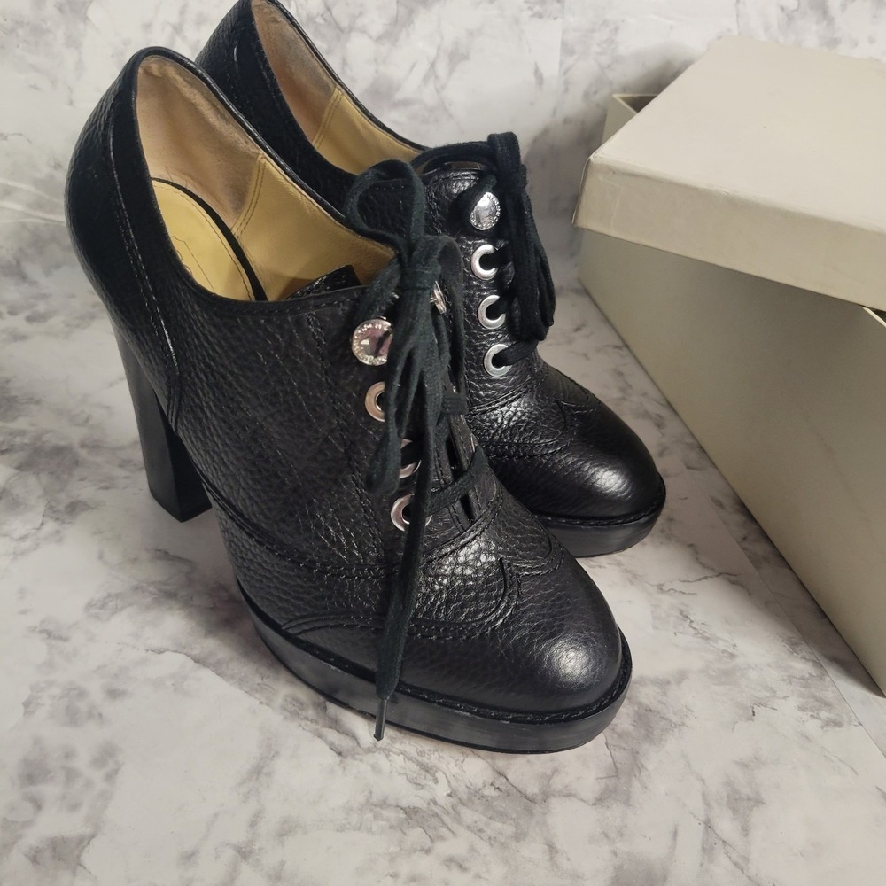 Coach Black Pebbled Leather Lace Up Platform Block Heel Wingtip Booties